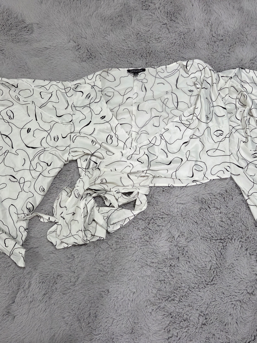Hers & Mine Women White Wrap Top Cropped Large Bell Sleeves with Abstract Face